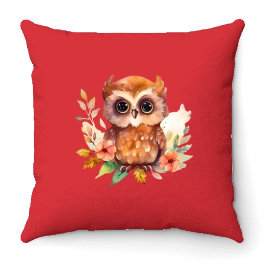 Brown Owl Forest Animal Watercolor Floral Throw Pillows