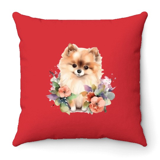 Pomeranian Dog Watercolor Floral Throw Pillows