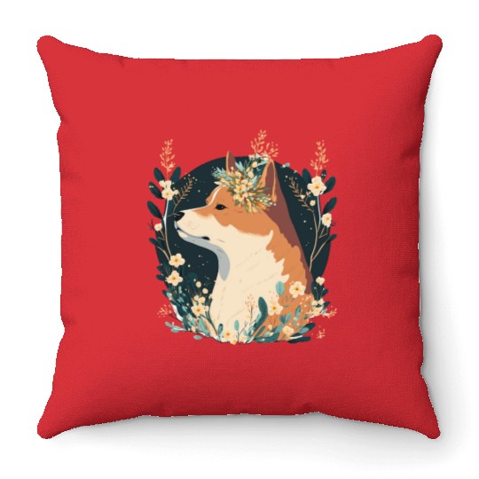Cute Shiba Inu Flower Crown Pet Dog Breed Puppy Wa Throw Pillows