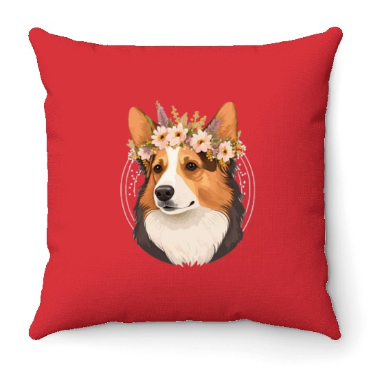Cute Welsh Corgi Flower Crown Pet Dog Breed Floral Throw Pillows