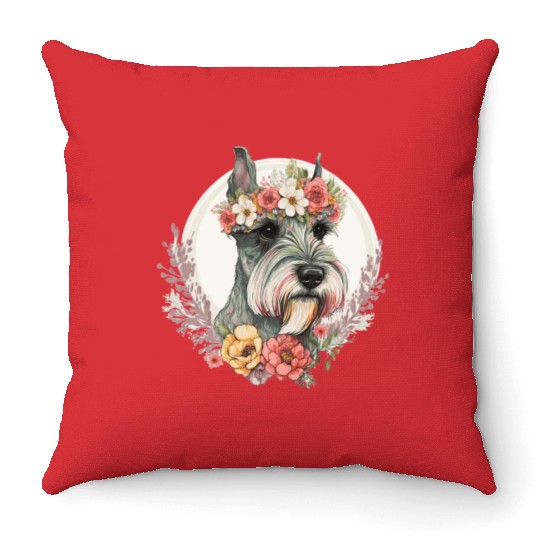 Cute Mini Schnauzer Flower Crown Pet Dog Breed Flo Throw Pillows