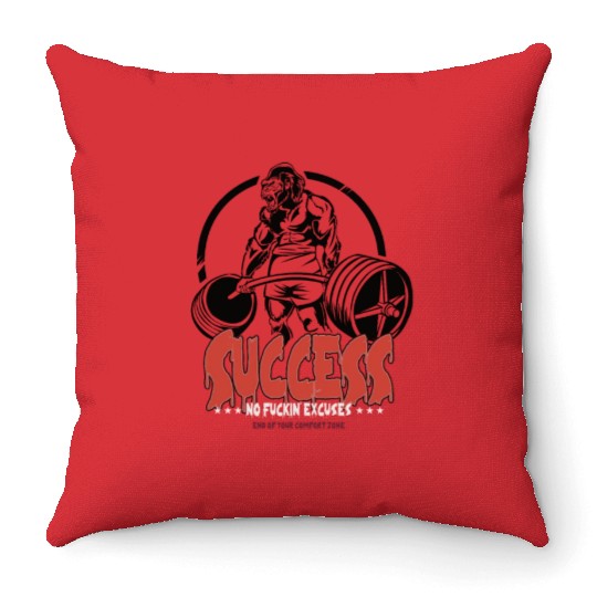 GYM No Excuses Success Body Building Gorilla Throw Pillows