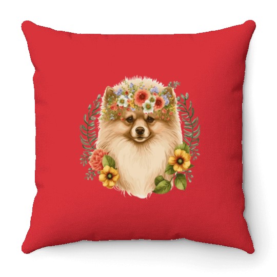 Cute Pomeranian Pom Flower Crown Pet Dog Breed Flo Throw Pillows