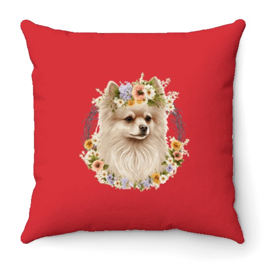 Cute Pomeranian Pom Flower Crown Pet Dog Breed Flo Throw Pillows