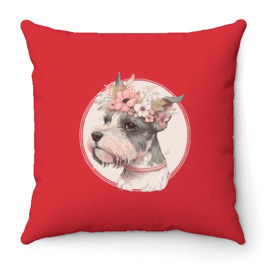 Cute Miniature Mini Schnauzer Flower Crown Pet Dog Throw Pillows