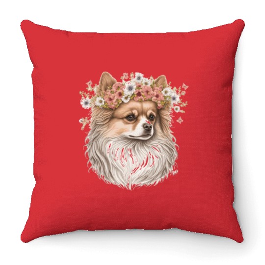 Cute Pomeranian Pom Flower Crown Pet Dog Breed Flo Throw Pillows