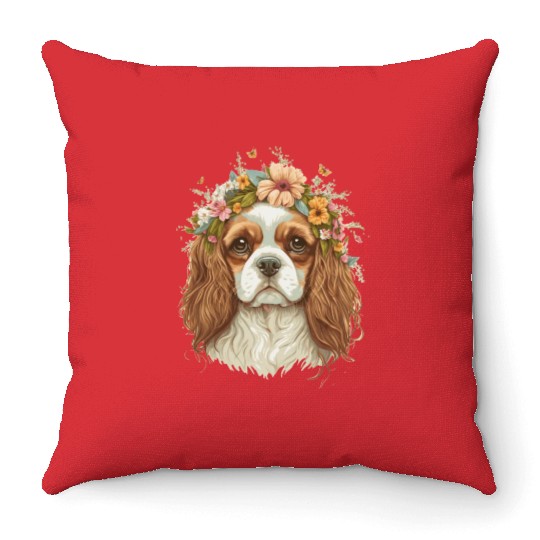 Cavalier King Charles Spaniel Flower Crown Dog Flo Throw Pillows