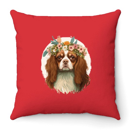 Cavalier King Charles Spaniel Flower Crown Pet Dog Throw Pillows