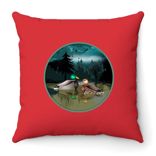 Duck couple in the duck pond at night & moonlight Throw Pillows