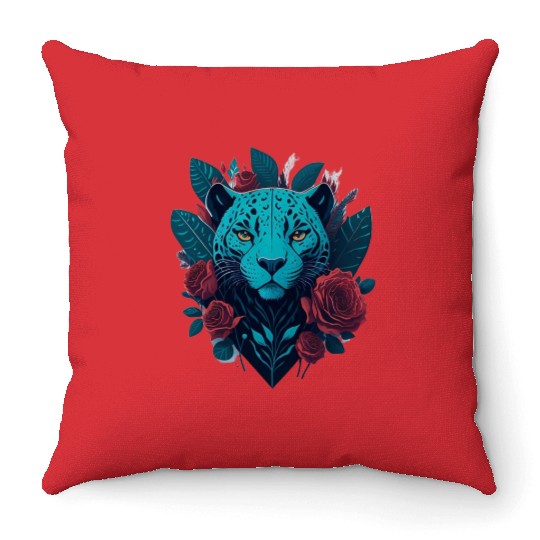 cute jaguar with red flowers Throw Pillows