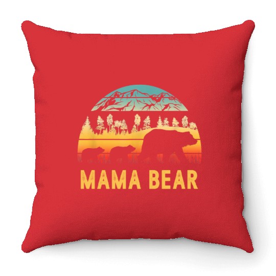 Mama Bear with 2 Cubs Retro Mountains Mother's day Throw Pillows