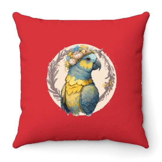 Yellow Blue Ara Macaw Flower Crown Parrot Parakeet Throw Pillows