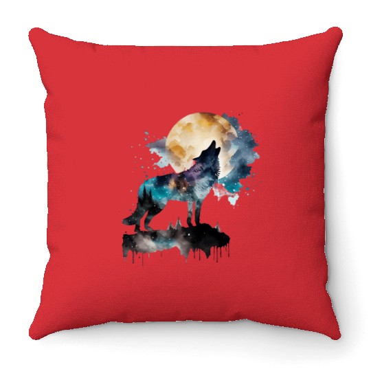 Mountain Wolf Multicolor Watercolor Portrait Throw Pillows