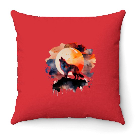 Wolf Howling at Moon Watercolor Throw Pillows