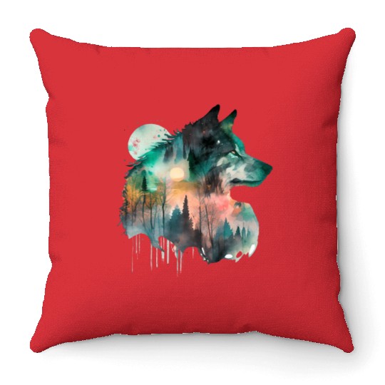 Forest Wolf Watercolor Portrait Throw Pillows