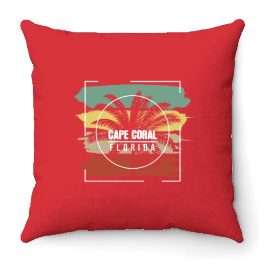 Cape Coral Florida Artistic Palm Tree Retro Throw Pillows