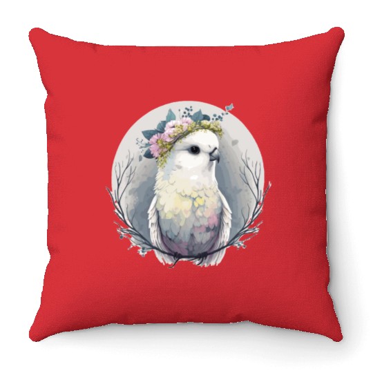 Watercolor White Parakeet Budgie Bird Flower Crown Throw Pillows