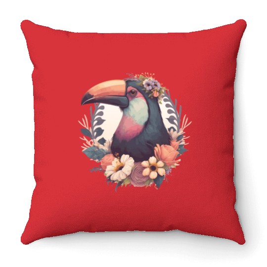 Cute Toucan Tropical Bird Flower Crown Jungle Bird Throw Pillows