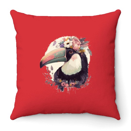 Watercolor Toucan Tropical Bird Flower Crown Jungl Throw Pillows
