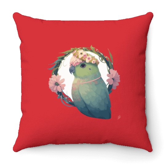 Watercolor Parrotlet Parakeet Bird Flower Crown Pe Throw Pillows