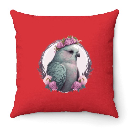 Watercolor Gray Budgie Parakeet Bird Flower Crown Throw Pillows
