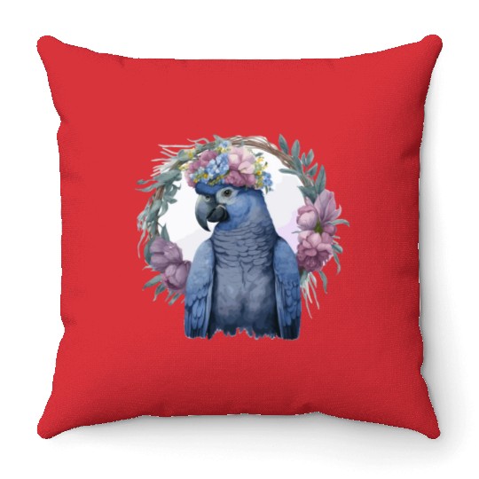 Watercolor Hyacinth Macaw Parrot Bird Flower Crown Throw Pillows
