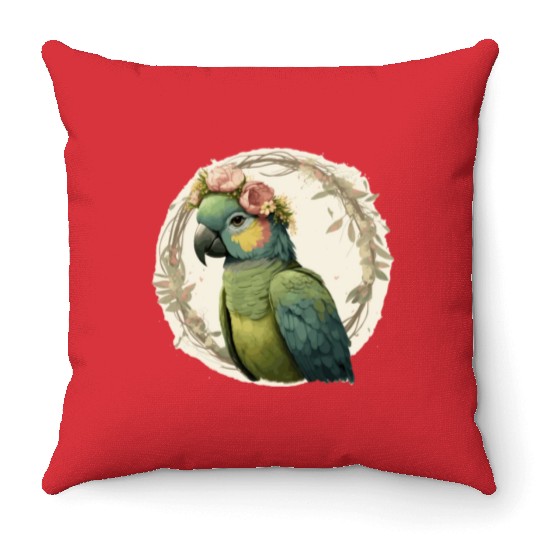 Watercolor Parrot Hahn's Macaw Bird Flower Crown P Throw Pillows