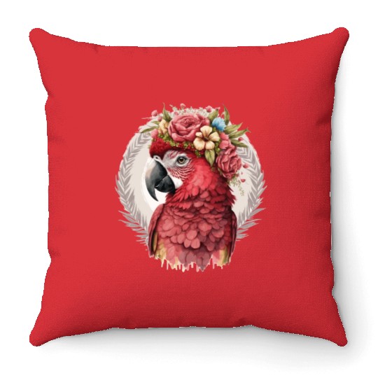Scarlet Macaw Parrot Watercolor Bird Flower Crown Throw Pillows