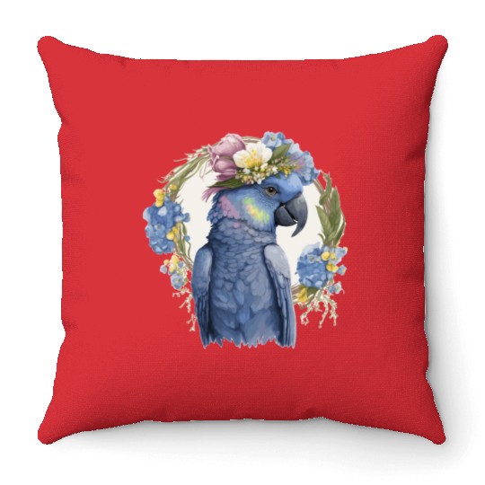 Cute Hyacinth Macaw Parrot Bird Flower Crown Pet B Throw Pillows