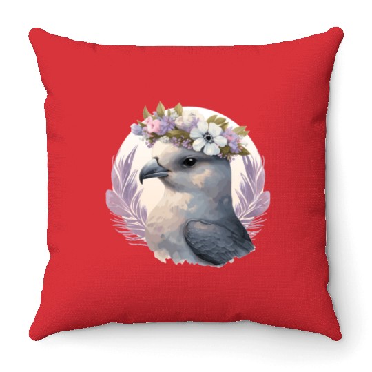 Cute Fulmar Bird Flower Crown Floral Tropical Bird Throw Pillows