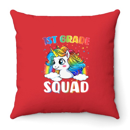 1st Grade Squad Unicorn Rainbow Back To School Throw Pillows