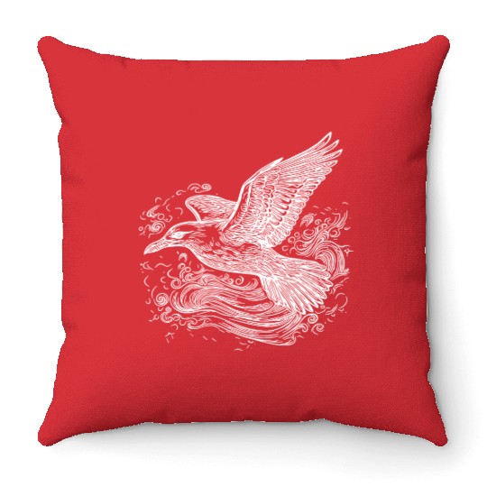 Elegant Flying Seagull Over The Water Throw Pillows