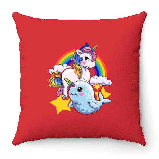 Cute Horned Narwhal And Unicorn Animal Friends Throw Pillows