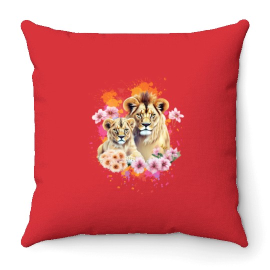 Lion Mom & Son Cubs with Flower Watercolor Throw Pillows
