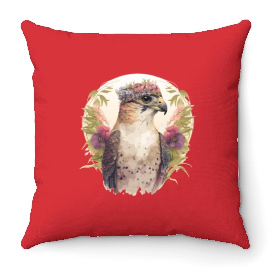 Watercolor Falcon Birds Of Prey Flower Crown Flora Throw Pillows