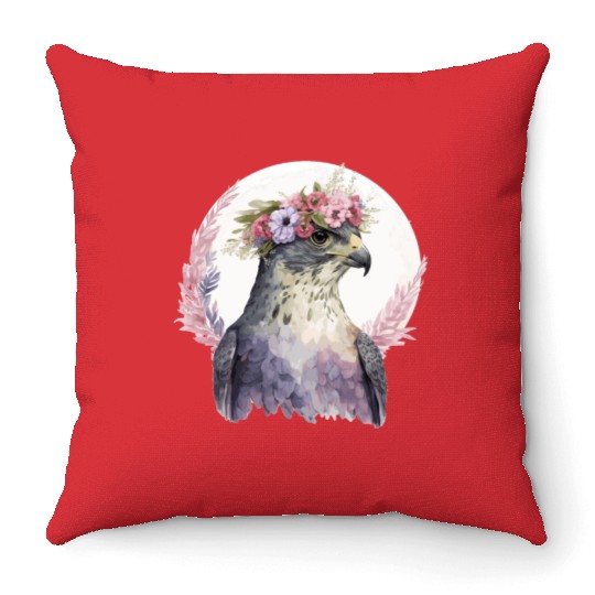 Falcon Birds Of Prey Flower Crown Floral Bird Watc Throw Pillows