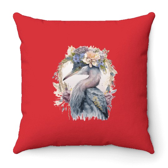Watercolor Heron Freshwater Bird Watching Flower C Throw Pillows