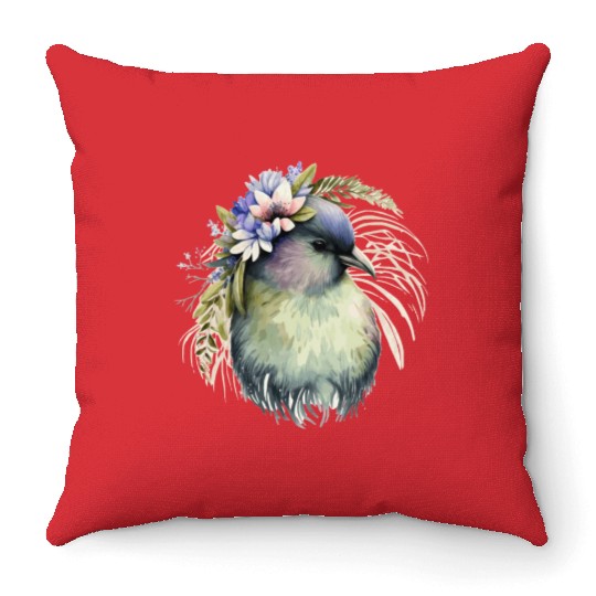 Cute Kiwi Bird Flower Crown Floral Exotic Birds Throw Pillows