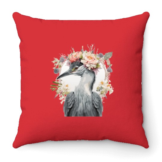 Watercolor Heron Freshwater Bird Flower Crown Flor Throw Pillows
