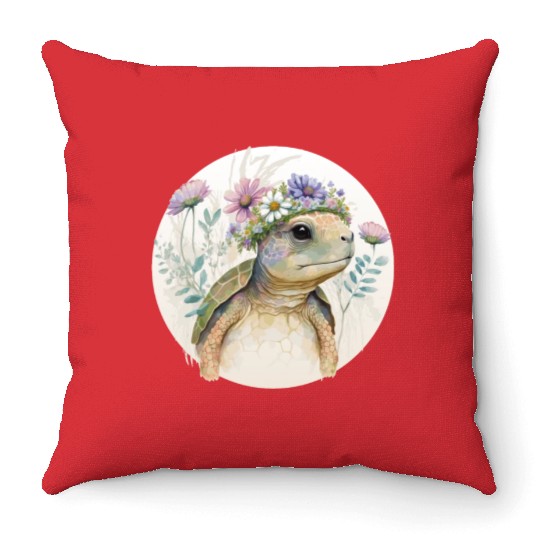 Cute Watercolor Turtle Flower Crown Sea Animal Lov Throw Pillows