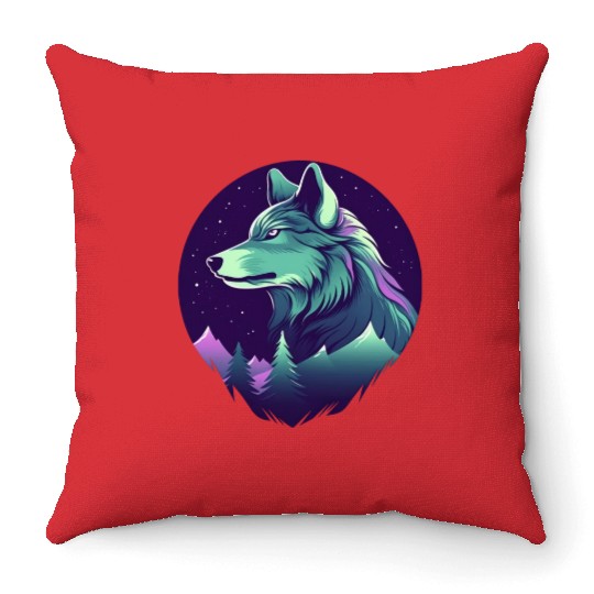 Starry Night Wolf With Northern Light Colors Throw Pillows