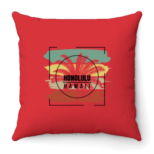Honolulu Hawaii Palm Tree Retro Artistic Throw Pillows