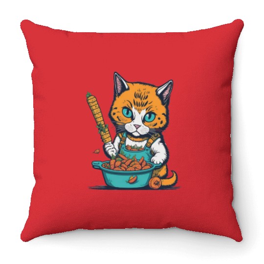 Muscular Cute Kitty Eating Carrots Cat Lover Humor Throw Pillows