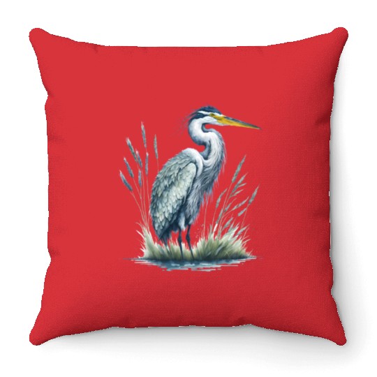 Watercolor Heron in Nature Throw Pillows