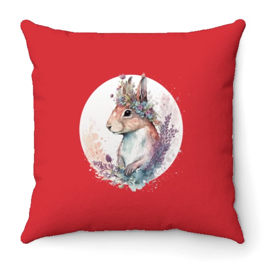 Cute Watercolor Squirrel Flower Crown Animal Lover Throw Pillows