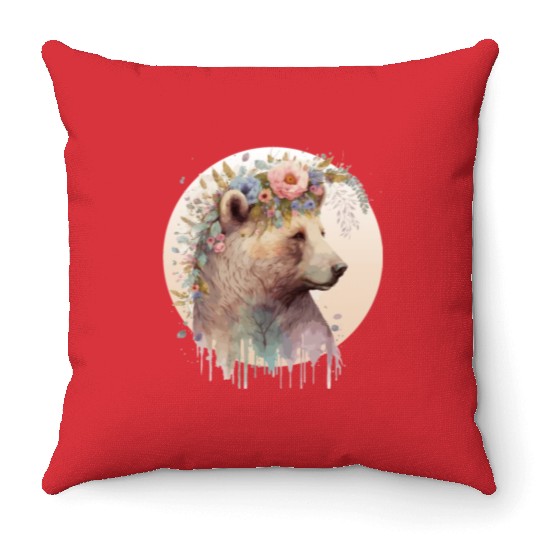 Brown Bear Watercolor Grizzly Bear Flower Crown Wi Throw Pillows