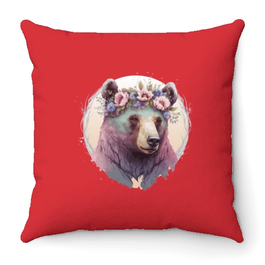 Cute Watercolor Grizzly Bear Flower Crown Floral A Throw Pillows