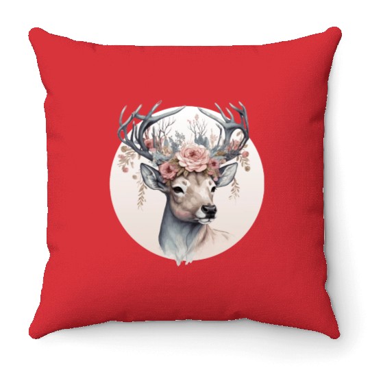Cute Watercolor Deer Flower Crown Animal Lovers Throw Pillows