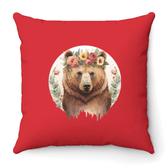 Cute Brown Bear Grizzly Flower Crown Animal Lovers Throw Pillows