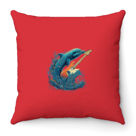 Dolphin Playing Electric Guitar Rock Throw Pillows